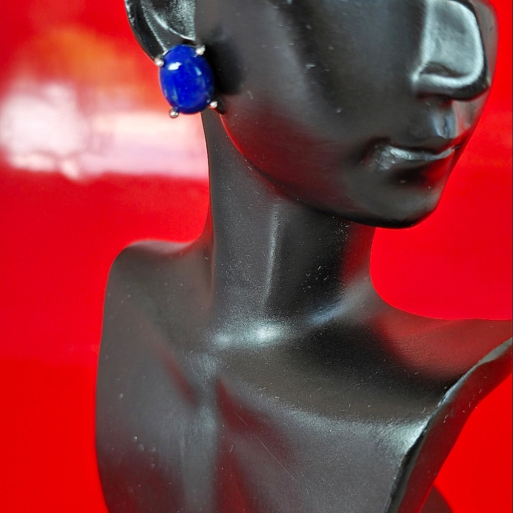 Natural Lapis Lazuli 925 Sterling Silver Stud Earrings - Picture 7 of 10